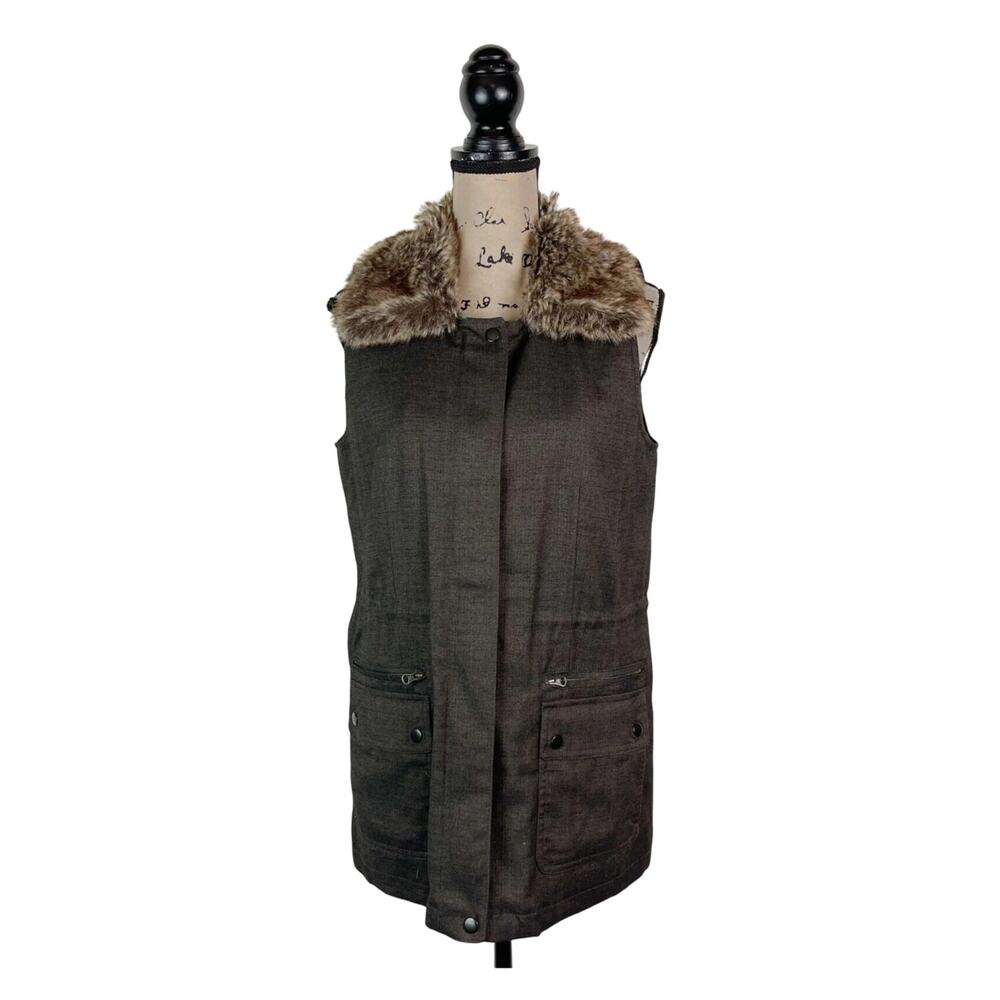 J Jill Women Vest with Fur Trim Collar Sz. Lrg Brown EUC  Winter layering piece
